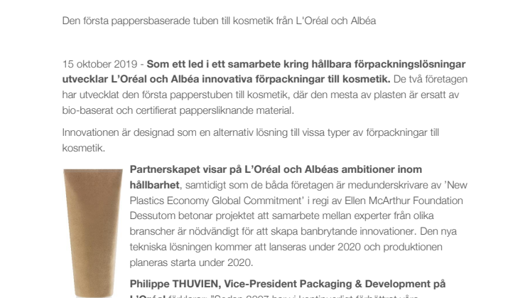 L’Oréal och Albéa annonserar ny, innovativ förpackning till kosmetik: pappersbaserad tub