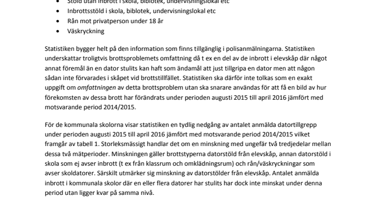 Statistik över anmälda tillgrepp av skoldatorer i Västerås kommun