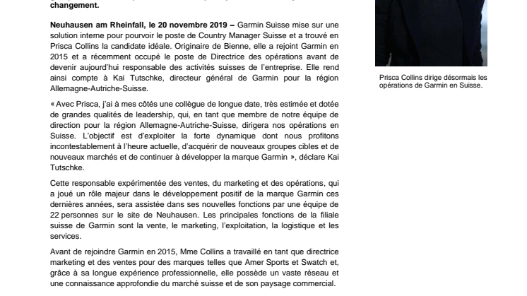 Nouvelle direction chez Garmin Suisse. Prisca Collins veut continuer à exploiter le fort dynamisme de la marque.
