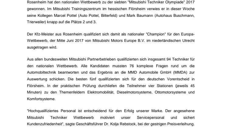 Start der "Mitsubishi Techniker Olympiade 2017" 