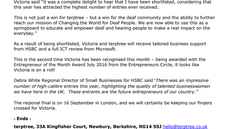 Berkshire‐based terptree is shortlisted for prestigious National Women in Business Award, sponsored by HSBC
