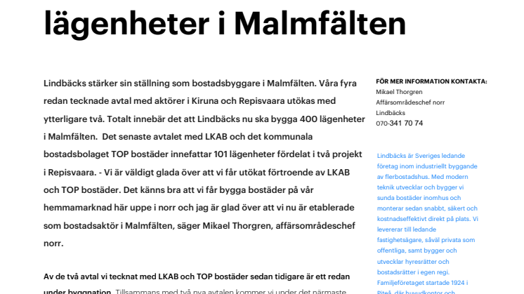 Lindbäcks bygger 400 lägenheter i Malmfälten
