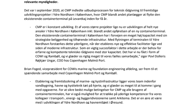 COWI og Rambøll udpeges som tekniske rådgivere for CMP's udviklingsprojekt i Ydre Nordhavn