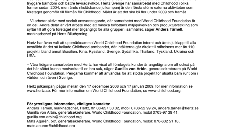 Hertz skänker fem procent av julkampanjens intäkter till Childhood