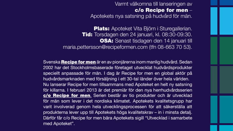 Pressinbjudan: Välkomna till lansering av c/o Recipe for men