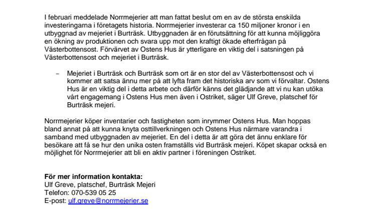 Norrmejerier tar över Ostens Hus i Burträsk - vill knyta Ostens Hus ännu närmare osttillverkningen vid mejeriet