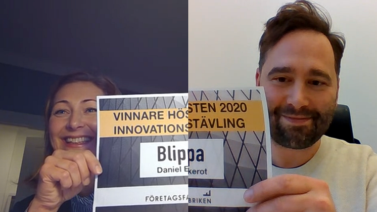 På grund av Covid-19 blev det en digital prisceremoni då Blippa utsågs som vinnare. Till vänster Sandra Ruuda, VD för Företagsfabriken och till höger Daniel Ekerot, medgrundare av Blippa.