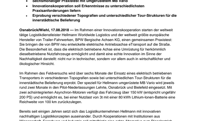 Hellmann und Bergische Achsen KG starten Feldversuch mit nachrüstbarem E-Antrieb für Nutzfahrzeuge