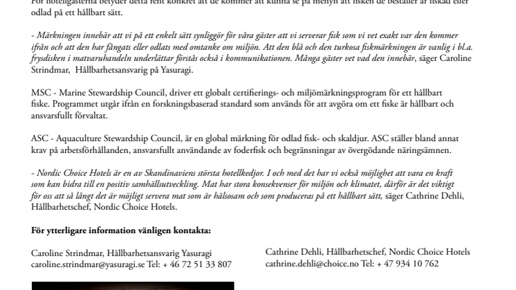 Yasuragi blir första hotellet med MSC- och ASC-märkning av fisk på menyerna