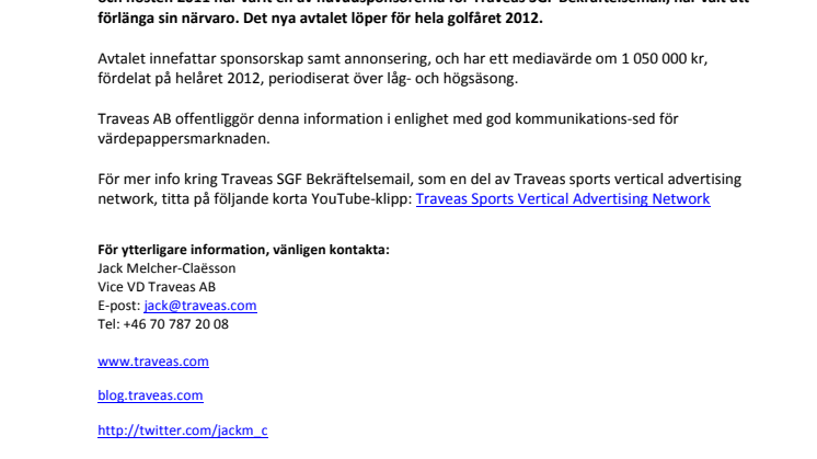 Storbank förlänger sponsorskap för Traveas SGF bekräftelsemail för hela golfåret 2012  