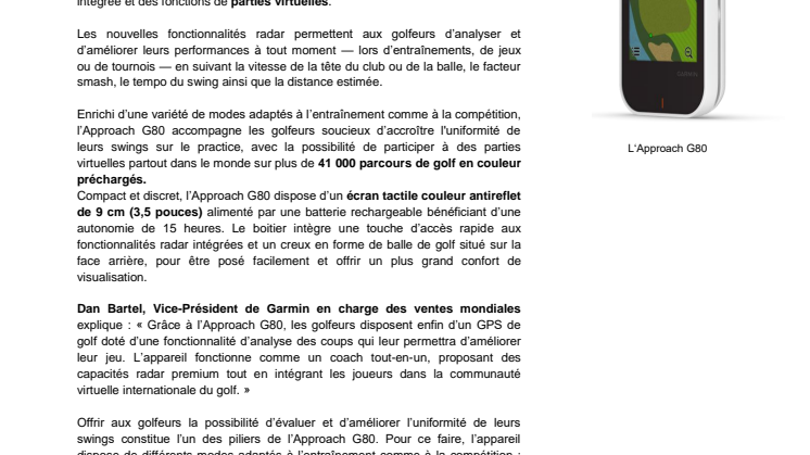 Nouveau GPS de golf Approach G80 : Garmin intègre pour la première fois un radar d’analyse des coups et des fonctions de parties virtuelles