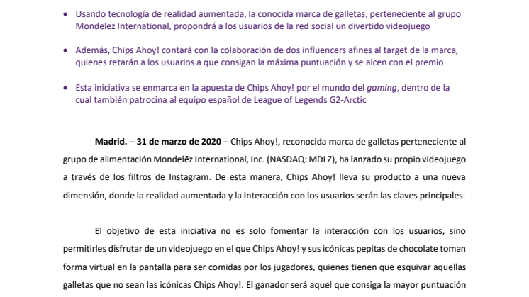 Chips Ahoy!, primera marca de Mondelēz International en España que lanza su propio videojuego a través de los filtros de Instagram