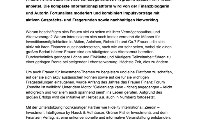 Geldanlage sollte keine reine Männersache sein! - Frauen Finanz Forum, 28.9. in Nürnberg
