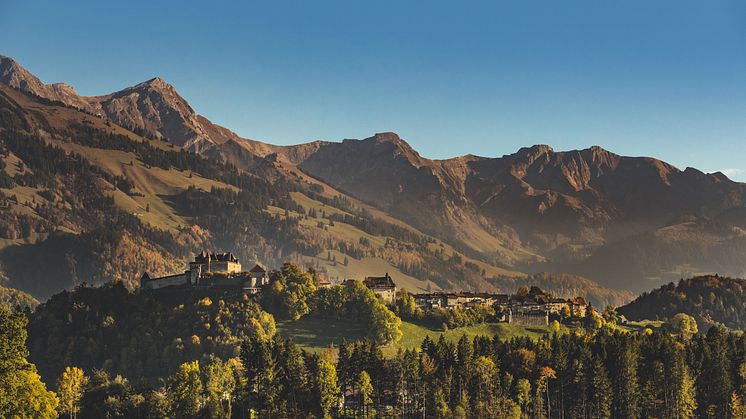 Fribourg/Gruyeres: Städtchen Gruyères mit Schloss 