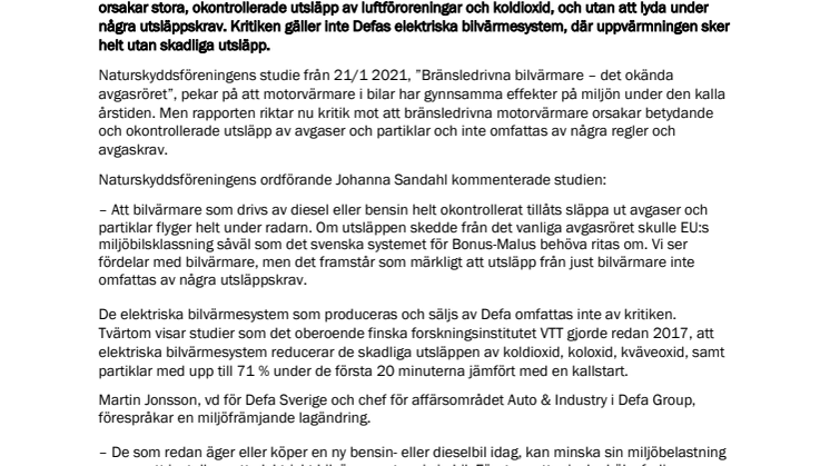 Elektriska bilvärmesystem minskar hälsofarliga avgaser - Defa förespråkar nytt bidrag när bilägaren minskar miljöpåverkan med eldriven bilvärme