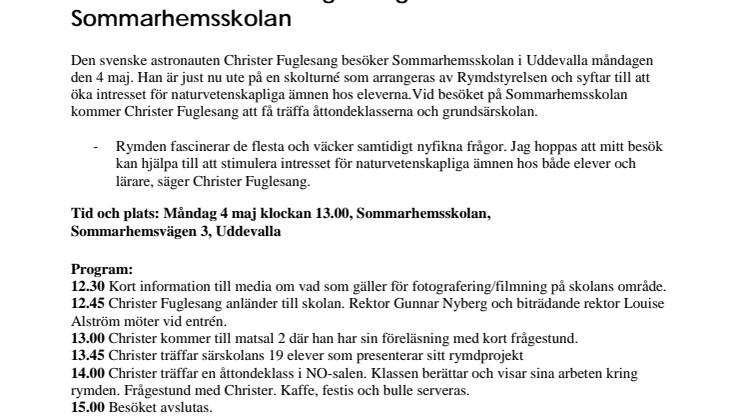 Astronauten Christer Fuglesang besöker Sommarhemsskolan