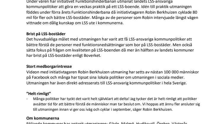 36 politiker i 17 kommuner antog LSS-utmaning - praktiserar på LSS-boende.