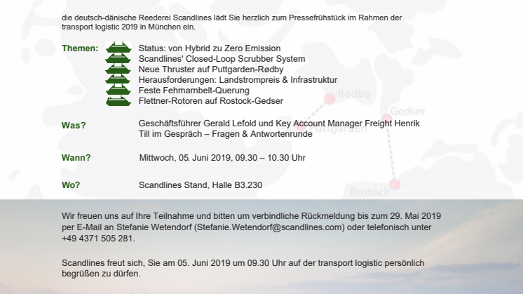 Einladung zum maritimen Frühstück der Reederei Scandlines auf der transport logistic 2019