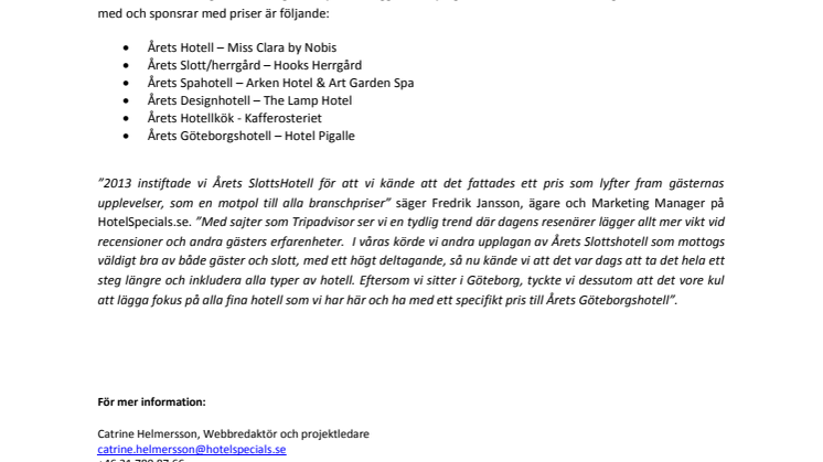 HotelSpecials.se lanserar Gästernas Hotellpris i samband med HotelWeek