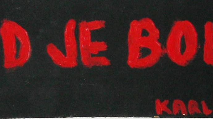 Mladen Stilinovic, Rad je bolest (Karl Marx) / Arbete är sjukdom, 1981, akryl på pappskiva, 16 x 58 cm