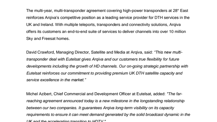 Arqiva secures long-term capacity with Eutelsat for broadcasting in United Kingdom and Ireland