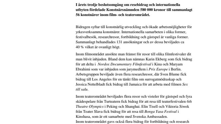 Internationella bidrag till teater- och filmkonstnärer beslutade av Konstnärsnämnden