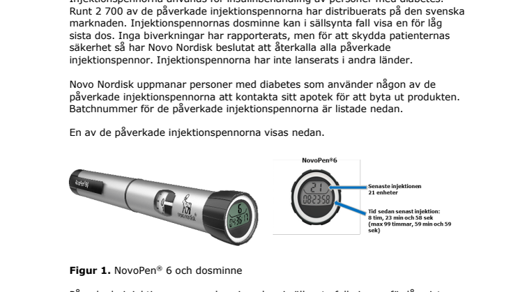 Viktigt säkerhetsmeddelande för personer med diabetes som använder NovoPen® 5 Plus, NovoPen® 6 och NovoPen Echo® Plus