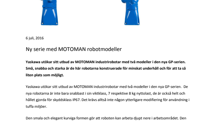 Ny serie med MOTOMAN robotmodeller