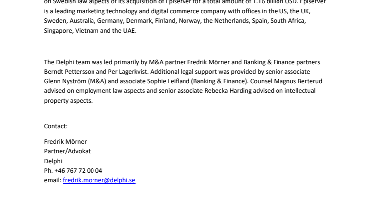Delphi advises Insight Venture Partners on Episerver acquisition