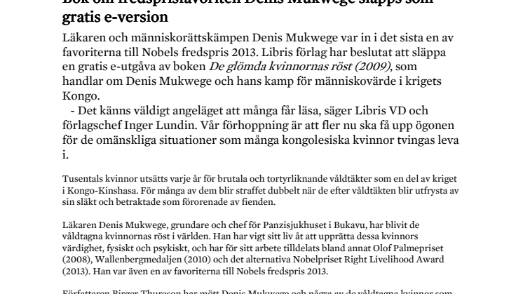 Bok om fredsprisfavoriten Denis Mukwege släpps som gratis e-version