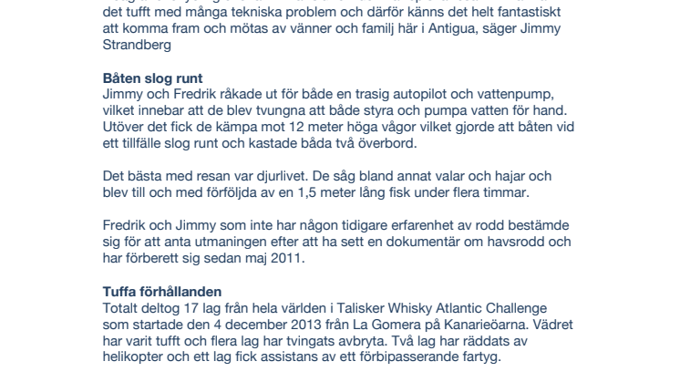 Kristianstadsbor i mål efter 60 dagar på Atlanten -  Talisker Whisky Atlantic Challenge