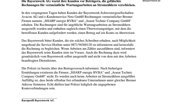 Bayernwerk warnt vor gefälschten Rechnungen