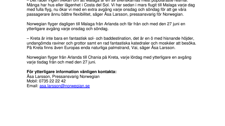 Norwegian ökar antalet avgångar till Malaga och Kreta under högsommaren