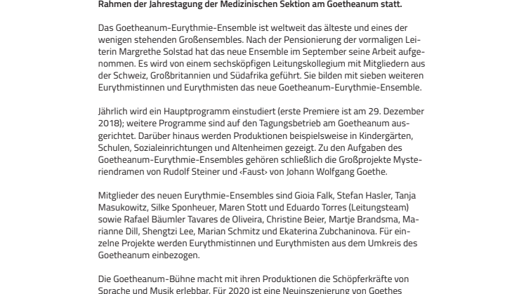 Schöpferkräfte von Musik und Sprache. ​Neues Eurythmie-Ensemble nimmt Arbeit auf