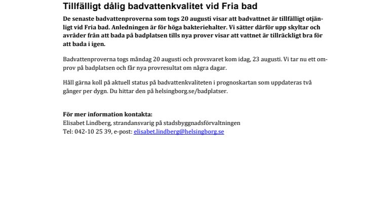 Tillfälligt dålig badvattenkvalitet vid Fria bad