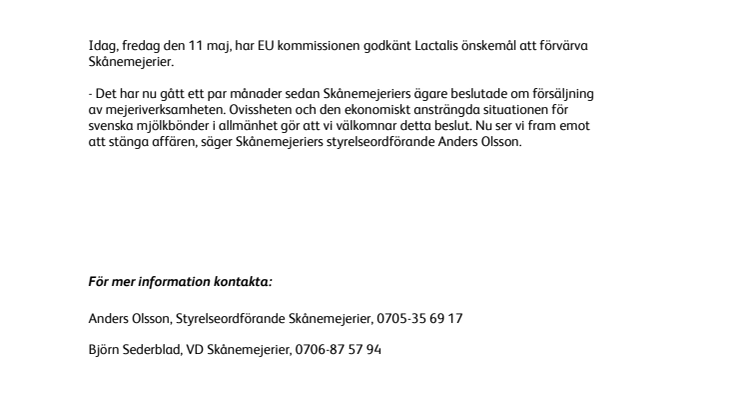 EU kommissionen godkänner Lactalis förvärv av Skånemejerier