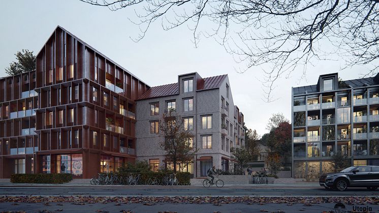 Arkitektskiss av bostäder i slänten mellan Kasernhöjden och Tingvalla isstadion
