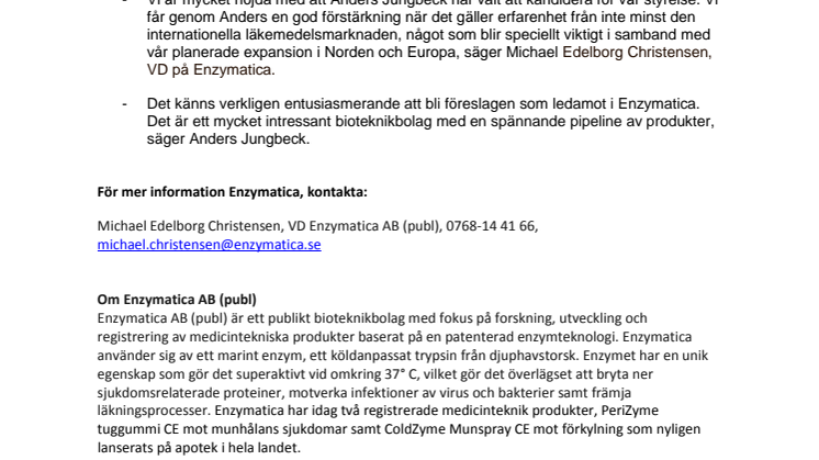 Anders Jungbeck föreslås till ny styrelseledamot för Enzymatica