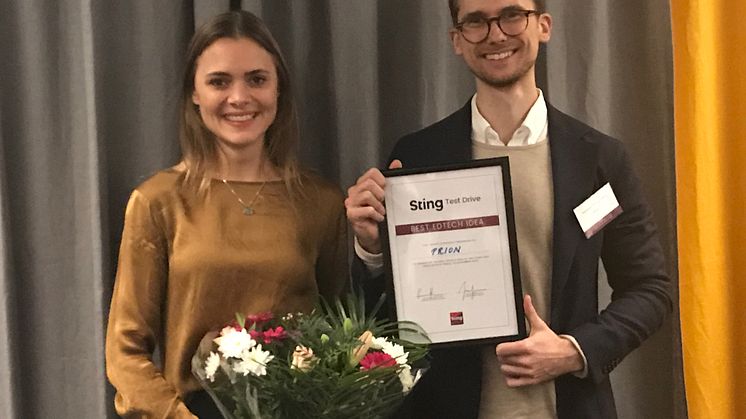 Vinnarna vid Sting Test Drive Edtech-finalen: Fredrika Bernadotte (VD) och Marcus Skagerberg (CTO) på Prion