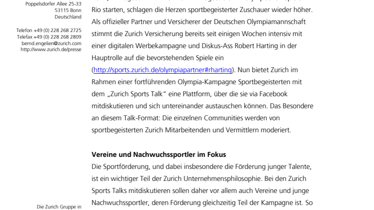 Rio 2016: Zurich startet Sports Talk und fördert sportlichen Nachwuchs