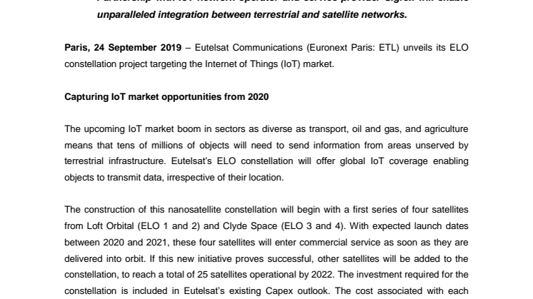 Eutelsat kicks off ELO, its constellation of nanosatellites dedicated to the Internet of Things