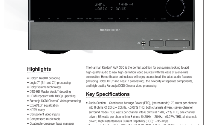 Harman kardon AVR 360 specifikation