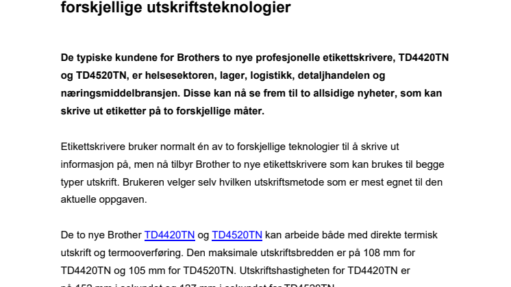 Nyhet fra Brother – nye etikettskrivere med to forskjellige utskriftsteknologier
