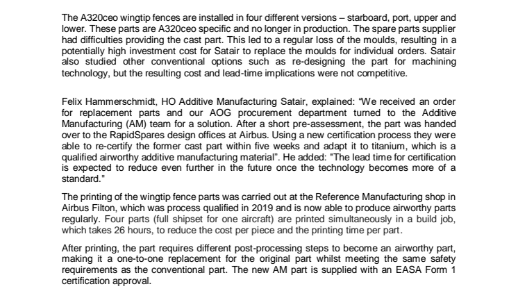 SATAIR PROVIDED METAL PRINTED FLYING SPARE PART 