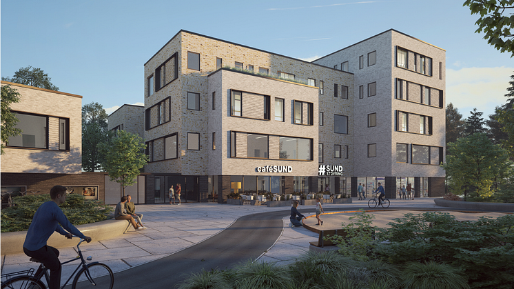 Visualisering af hvordan det nye sundhedshus Ifølge entreprenørens skitseprojekt kommer til at se ud. BEMÆRK: Der kan være detaljer der bliver ændret i forhold til billedet. Illustration: Bjørk & Maigård ApS