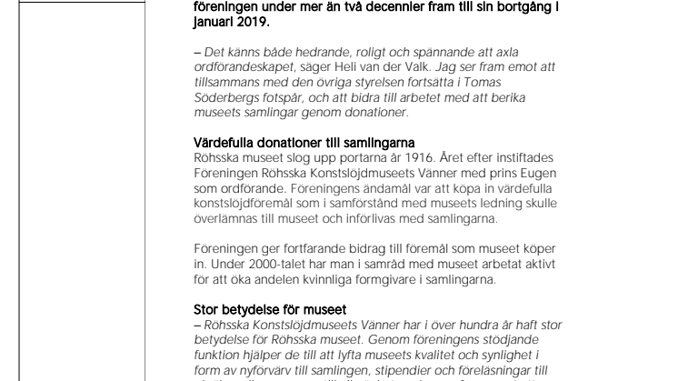 Heli van der Valk ny ordförande för Röhsska Konstslöjdmuseets Vänner