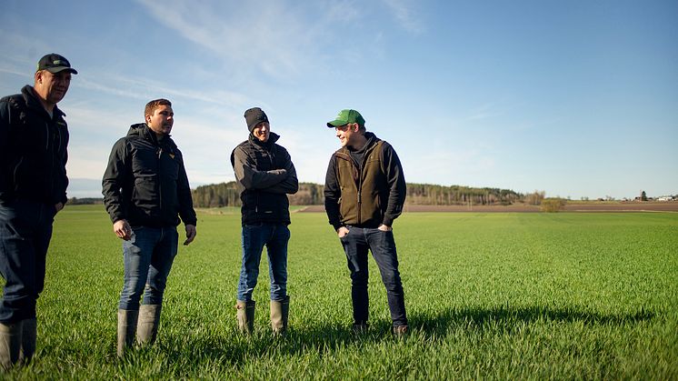 Lantbrukare och rådgivare i samtal under fältvandring.