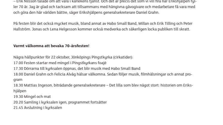 Erikshjälpens 70-årsjubileum firas med fest