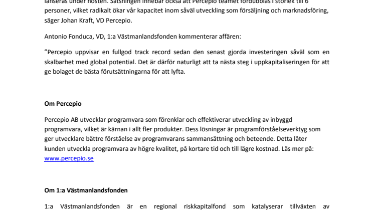 1:a Västmanlandsfonden följdinvesterar i Percepio