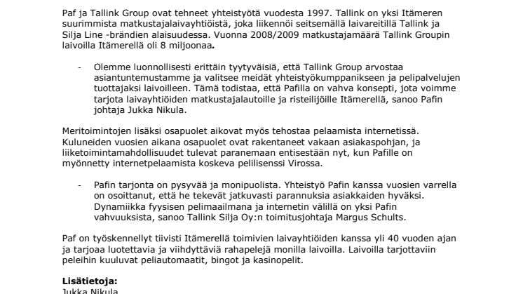 Paf allekirjoitti uuden sopimuksen Tallink Groupin kanssa
